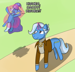 Size: 3109x2989 | Tagged: safe, artist:artiks, jack pot, trixie, g4, grannies gone wild, cape, clothes, dialogue, female, filly, filly trixie, hat, high res, levitation, magic, telekinesis, trixie's cape, trixie's hat, younger