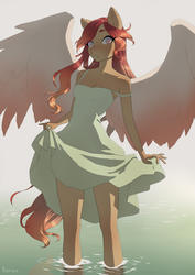 Size: 905x1280 | Tagged: safe, artist:glorious-rarien, oc, oc only, pegasus, anthro, anthro oc, blushing, clothes, dress, female, mare, off shoulder, solo, spread wings, water, wings