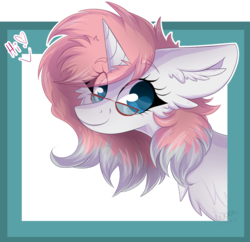 Size: 1286x1243 | Tagged: safe, artist:woonborg, oc, oc only, oc:kasaimo, pony, unicorn, bust, cheek fluff, chest fluff, ear fluff, female, fluffy, glasses, looking at you, mare, picture frame, portrait, signature, simple background, smiling, solo, talking to viewer, transparent background