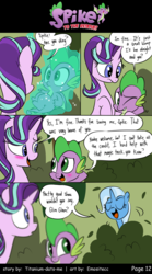 Size: 800x1440 | Tagged: safe, artist:emositecc, spike, starlight glimmer, trixie, dragon, pony, unicorn, comic:spike to the rescue, g4, molt down, blushing, bush, comic, dialogue, female, levitation, magic, male, nickname, ship:sparlight, shipping, speech bubble, straight, telekinesis, what a twist, winged spike, wings