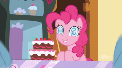 Size: 914x515 | Tagged: source needed, safe, screencap, pinkie pie, rainbow dash, earth pony, pegasus, pony, g4, grannies gone wild, animated, black forest cake, cake, dizzy, female, food, grin, hypnosis, lip bite, mare, portal (valve), smiling, solo focus, swirly eyes, the cake is a lie, tripping balls, wingding eyes