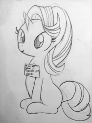 Size: 1440x1920 | Tagged: safe, artist:tjpones, starlight glimmer, pony, unicorn, g4, black and white, blatant lies, female, grayscale, lineart, mare, monochrome, solo, traditional art