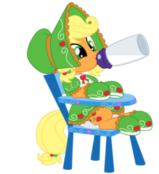 Size: 5362x5883 | Tagged: safe, artist:evilfrenzy, editor:wandering pigeon, applejack, earth pony, pony, g4, abdl, absurd resolution, adult foal, baby bottle, bonnet, booties, chair, clothes, cute, diaper, diaper fetish, dress, feeding, female, fetish, highchair, jackabetes, milk, non-baby in diaper, poofy diaper, simple background, transparent background