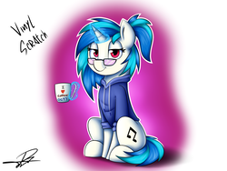Size: 1600x1200 | Tagged: safe, artist:supermoix, dj pon-3, vinyl scratch, pony, unicorn, g4, beautiful, clothes, cute, female, glasses, glowing, glowing horn, hoodie, horn, levitation, looking at you, magic, magic aura, mare, mug, simple background, sitting, solo, telekinesis, vinylbetes, wrong eye color