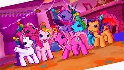 Size: 1280x720 | Tagged: safe, screencap, cheerilee (g3), pinkie pie (g3), rainbow dash (g3), scootaloo (g3), starsong, sweetie belle (g3), toola-roola, earth pony, pegasus, pony, unicorn, g3, meet the ponies, pinkie pie's party party, core seven, cute, female, g3 cheeribetes, g3 cutealoo, g3 dashabetes, g3 diapinkes, g3 diasweetes, group, hands in the air, hat, indoors, mare, open mouth, open smile, party, party hat, purple wings, raised hoof, raised leg, roolabetes, smiling, starsawwwng, wings