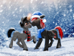 Size: 1600x1200 | Tagged: safe, artist:tuwka, oc, oc:abel, oc:ada, pegasus, pony, unicorn, christmas, clothes, colored hooves, d'lirium, glowing horn, hat, holiday, horn, oc x oc, raised hoof, red and black oc, santa hat, scarf, shipping, snow