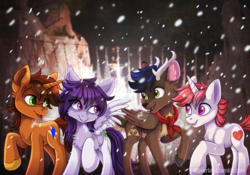 Size: 1024x717 | Tagged: safe, artist:ketty, oc, oc only, oc:arny, deer, deer pony, original species, pegasus, peryton, pony, reindeer, unicorn, clothes, coat markings, colored hooves, derpfest, horn, looking at each other, mountain, neckerchief, pale belly, pegasus oc, raised hoof, scarf, snow, socks (coat markings), two toned wings, unicorn oc, unshorn fetlocks, wings