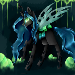 Size: 1024x1024 | Tagged: safe, artist:purediamond360, queen chrysalis, changeling, changeling queen, g4, collaboration, female, glowing eyes, green eyes, looking at you, solo, transparent wings, wings