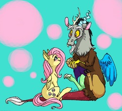 Size: 2048x1856 | Tagged: safe, artist:ameliacostanza, discord, fluttershy, draconequus, pegasus, pony, g4, blushing, cute, discute, eye contact, female, looking at each other, male, mare, ship:discoshy, shipping, shyabetes, sitting, smiling, straight
