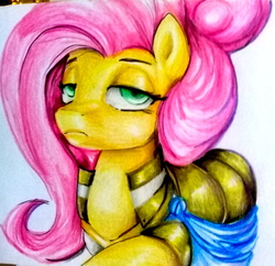 Size: 2341x2264 | Tagged: safe, artist:nolyanimeid, fluttershy, pegasus, pony, fake it 'til you make it, g4, clothes, female, hair bun, high res, mare, severeshy, traditional art