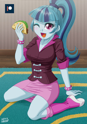 Size: 707x1000 | Tagged: safe, artist:uotapo, sonata dusk, human, equestria girls, g4, my little pony equestria girls: rainbow rocks, blushing, boots, bracelet, breasts, busty sonata dusk, carpet, clothes, cute, female, food, jewelry, kneeling, looking at you, moe, one eye closed, open mouth, patreon, patreon logo, ponytail, shoes, skirt, smiling, socks, solo, sonatabetes, sonataco, spiked wristband, taco, that girl sure loves tacos, that siren sure does love tacos, thighs, uotapo is trying to murder us, wink, wristband