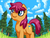 Size: 800x600 | Tagged: safe, artist:rangelost, oc, oc only, oc:trailblazer, earth pony, pony, cyoa:d20 pony, cloud, colored, cutie mark, cyoa, description is relevant, female, grass, mare, pixel art, scenery, sky, solo, story included, tree