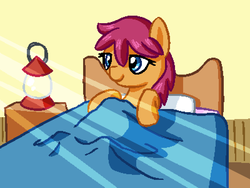 Size: 800x600 | Tagged: safe, artist:rangelost, oc, oc only, oc:trailblazer, earth pony, pony, cyoa:d20 pony, bed, colored, crepuscular rays, cyoa, description is relevant, female, indoors, lantern, mare, pixel art, solo, story included