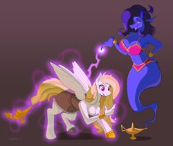 Size: 3329x2814 | Tagged: safe, artist:jungabeast, oc, oc only, oc:andromeda, oc:storm shield, genie, pegasus, anthro, clothes, high res, species swap, transformation