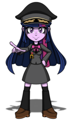 Size: 550x942 | Tagged: safe, artist:pedantczepialski, part of a set, twilight sparkle, equestria girls, g4, alternate universe, clothes, cute, daaaaaaaaaaaw, doll, eqg:tps minis, equestria girls minis, equestria girls: the parody series, evil twilight, female, happy, hat, looking at you, peaked cap, pointing, simple background, skirt, smiling, solo, toy, twiabetes, uniform, white background