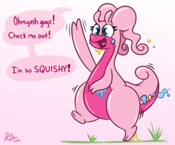 Size: 1200x1000 | Tagged: safe, artist:glimglam, pinkie pie, goodra, g4, dialogue, female, gradient background, open mouth, pink background, pokefied, pokémon, simple background, smiling, solo, species swap, squishy, waving