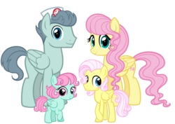 Size: 2232x1584 | Tagged: safe, artist:thecheeseburger, doctor high fever, fluttershy, oc, pegasus, pony, g4, colt, family, female, filly, looking at you, male, mare, next generation, nurse outfit, offspring, parent:doctor high fever, parent:fluttershy, parents:shyfever, shipping, shyfever, simple background, smiling, stallion, straight, transparent background