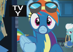 Size: 850x604 | Tagged: safe, screencap, fleetfoot, rainbow dash, pegasus, pony, g4, grannies gone wild, clothes, cute, dashabetes, duffle bag, duo, female, goggles, locker room, lockers, looking at you, mare, uniform, wonderbolts uniform