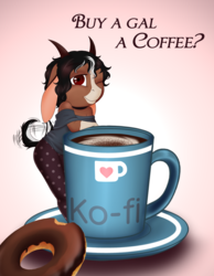 Size: 2233x2885 | Tagged: safe, artist:blackblood-queen, oc, oc only, oc:caffeinated comatose, goat, hybrid, anthro, advertisement, anthro oc, chibi, coffee, coffee mug, cute, donut, female, food, high res, ko-fi, looking at you, mare, mug, one eye closed, ponysona, smiling, solo, tail wag, wink