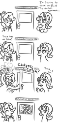 Size: 646x1322 | Tagged: safe, artist:jargon scott, queen chrysalis, starlight glimmer, trixie, changeling, changeling queen, pony, unicorn, g4, abuse, angry, annoyed, bug bomb, bug spray, chrysabuse, classroom, comic, crying, description is relevant, dialogue, door, ear fluff, eyes closed, female, frown, glare, hoof hold, lidded eyes, male, mare, monochrome, pesticide, raised hoof, reformation, simple background, smiling, this will end in death, this will end in tears and/or death, tongue out, unamused, underhoof, white background, wide eyes, window