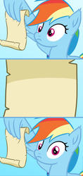 Size: 1140x2424 | Tagged: safe, artist:saphire systrine, rainbow dash, pony, g4, grannies gone wild, blank, comic, female, image macro, meme, message, rainbow dash reading a scroll, rainbow dash reading a scroll original, scroll, solo, template