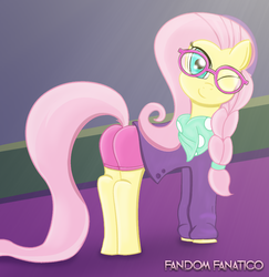 Size: 972x1000 | Tagged: safe, artist:fandomfanatico, fluttershy, pegasus, pony, fake it 'til you make it, g4, butt, clothes, female, flutterbutt, glasses, hat, hipstershy, hot pants, looking back, mare, one eye closed, plot, shorts, smiling, solo, wink
