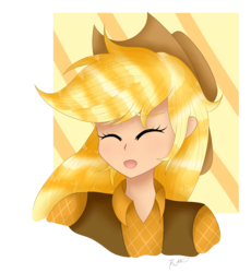 Size: 1483x1615 | Tagged: safe, artist:cosmiickatie, applejack, human, g4, clothes, cowboy hat, eyes closed, female, hat, humanized, simple background, smiling, solo, stetson, transparent background