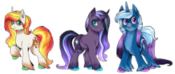 Size: 3900x1656 | Tagged: safe, artist:not-ordinary-pony, starlight glimmer, sunset shimmer, trixie, pony, unicorn, g4, female, mare, redesign, simple background, smiling, transparent background, trio, unshorn fetlocks