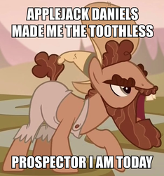Size: 609x652 | Tagged: safe, edit, edited screencap, screencap, grub hooffield, earth pony, pony, g4, the hooffields and mccolts, applejack daniel's, beard, clothes, cropped, facial hair, hat, hooffield family, image macro, male, meme, solo, stallion