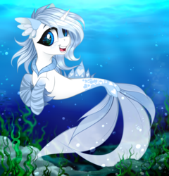 Size: 2300x2400 | Tagged: dead source, safe, artist:vird-gi, oc, oc only, oc:sweet kiss, seapony (g4), female, high res, smiling, solo, underwater
