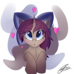 Size: 2500x2500 | Tagged: safe, artist:lunar froxy, oc, oc only, oc:mochaswirl, pony, bow, bust, eye clipping through hair, heart, high res, looking up, simple background, solo