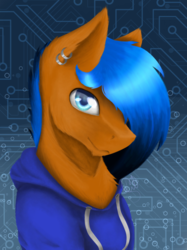 Size: 800x1068 | Tagged: safe, artist:lilrandum, oc, oc only, oc:xxenocage, blue background, blue eyes, blue hair, bust shot, circuit, clothes, detailed eyes, detailed hair, hair over one eye, hoodie, lineless, male, piercing, shading, simple background, smiling, solo, textured