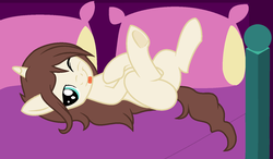 Size: 1024x596 | Tagged: safe, artist:cindystarlight, oc, oc only, oc:annabelle, pony, unicorn, base used, bed, female, mare, on back, one eye closed, pillow, solo, tongue out, wink