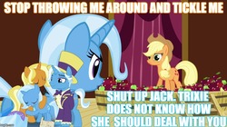 Size: 888x499 | Tagged: safe, edit, edited screencap, idw, screencap, applejack, jack pot, sunflower spectacle, trixie, g4, grannies gone wild, magic duel, spoiler:comic, spoiler:comic40, coincidence, ship:jacktacle, similarities, trixie's family