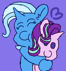 Size: 1008x1082 | Tagged: safe, artist:threetwotwo32232, starlight glimmer, trixie, g4, 30 minute art challenge, female, heart, hug, lesbian, plushie, ship:startrix, shipping