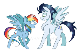 Size: 1851x1199 | Tagged: safe, artist:drawbauchery, rainbow dash, soarin', pegasus, pony, chest fluff, eye contact, female, looking at each other, male, mare, no pupils, shipping, simple background, smiling, soarindash, spread wings, stallion, straight, white background, wings