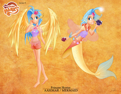 Size: 3208x2490 | Tagged: safe, artist:didj, princess skystar, shelldon, shelly, aasimar, human, mermaid, my little mages, g4, my little pony: the movie, barefoot, belly button, clothes, ear fins, feet, high res, humanized, mermaidized, midriff, seashell necklace, shorts, smiling, species swap, tank top, wing ears, winged humanization, wings