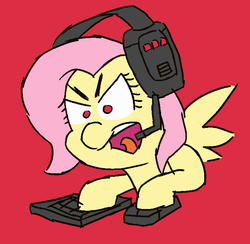 Size: 720x704 | Tagged: safe, artist:threetwotwo32232, fluttershy, pegasus, pony, g4, 30 minute art challenge, bust, computer mouse, female, flutterrage, gamershy, headphones, keyboard, mare, rage, red background, simple background, solo