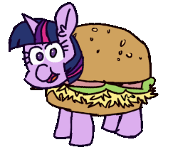 Size: 700x600 | Tagged: safe, artist:threetwotwo32232, twilight sparkle, pony, g4, 30 minute art challenge, animated, burger, female, food, looking at you, mare, simple background, solo, transparent background, twilight burgkle