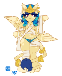 Size: 1280x1571 | Tagged: safe, artist:bbsartboutique, artist:ruef, oc, oc only, oc:shesta, hybrid, sphinx, sphinx pony, semi-anthro, anubis, bandage, bangs, belly button, blue underwear, cat paws, ceremonial makeup, chest fluff, clothes, digital art, ear piercing, earring, egyptian, egyptian pony, egyptian pose, eye of horus, female, gazing, gold, hat, jewelry, leonine tail, mummy, nemes headdress, panties, paws, pegasus wings, piercing, ring, signature, simple background, solo, sphinx oc, spots, spread wings, striped underwear, toe beans, underwear, watching, white background, wings