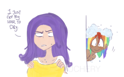 Size: 1280x799 | Tagged: safe, artist:drawbauchery, color edit, edit, rainbow dash, rarity, human, g4, annoyed, blushing, clothes, colored, dark skin, dialogue, female, humanized, soap bubble