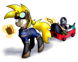 Size: 1280x1024 | Tagged: safe, artist:sugar morning, oc, oc only, oc:golden gear, pony, unicorn, cart, commission, cute, fallout, female, goggles, junk, magic, magic aura, mare, pulling, simple background, solo, transparent background, walking