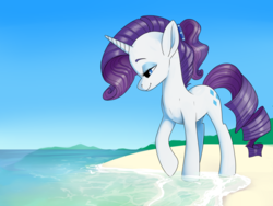 Size: 1024x768 | Tagged: safe, artist:loryska, rarity, pony, unicorn, g4, beach, female, shore, sky, smiling, solo, water