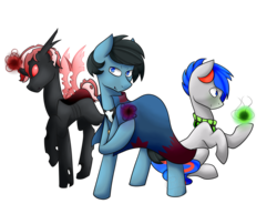 Size: 1600x1236 | Tagged: safe, artist:firepetalfox, oc, oc only, oc:fngr, oc:vidapony, changeling, earth pony, pony, cape, clothes, orb, red changeling, scarf, simple background, transparent background, youtuber