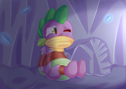Size: 3496x2476 | Tagged: safe, artist:kirbysquad101, spike, dragon, g4, bondage, bound and gagged, bound tail, cave, cloth gag, commission, crying, crystal, dragon in distress, gag, high res, male, no more ponies at source, one eye closed, rope, sitting, solo, squirming, stallion in distress, teary eyes, tied up