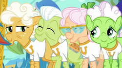 Size: 1325x741 | Tagged: safe, screencap, apple rose, auntie applesauce, goldie delicious, granny smith, rainbow dash, g4, grannies gone wild, cropped, discovery family logo, gold horseshoe gals