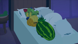 Size: 1920x1080 | Tagged: safe, screencap, g4, grannies gone wild, banana, bed, food, melon, no pony, pear, pillow, pineapple, strawberry, watermelon