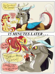 Size: 2880x3900 | Tagged: safe, artist:firimil, discord, sunset shimmer, pony, unicorn, g4, comic, high res, simple background, text, that escalated quickly