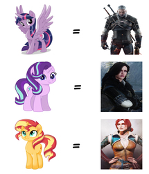 Size: 1550x1800 | Tagged: safe, starlight glimmer, sunset shimmer, twilight sparkle, alicorn, pony, g4, comparison, geralt of rivia, the witcher, triss merigold, twilight sparkle (alicorn), yennefer of vengerberg