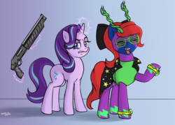 Size: 1500x1072 | Tagged: safe, artist:hardbrony, starlight glimmer, oc, oc:clusterfuck, pony, unicorn, totally legit recap, g4, cape, clothes, duo, glowing horn, gun, horn, horns, shotgun, shutter shades, sunglasses, this will end in death, weapon, wrong magic color